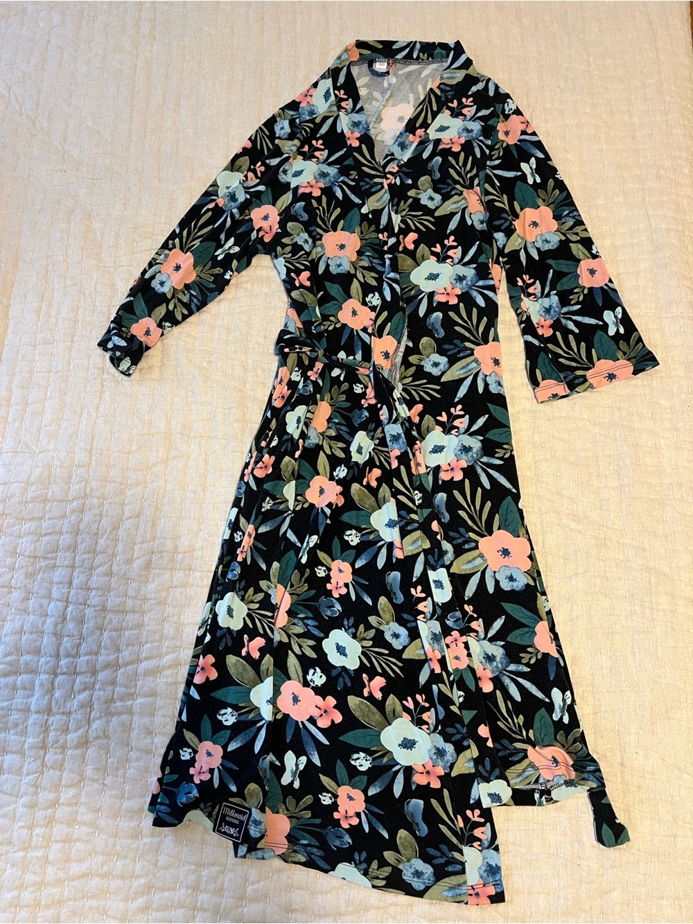 Floral Wrap Robe by Milkmaid Goods in Black with pink and blue Flowers